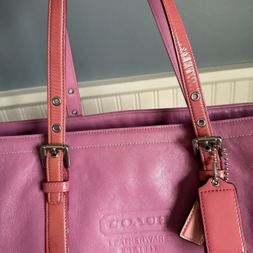 VINTAGE COACH PINK LEATHER PATENT TRIM LARGE GALLERY SHOPPER TOTE BAG PURSE 9237